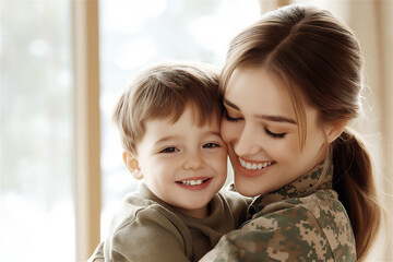 A mother in a military uniform sitting indoors, laughing as she hugs her smiling young son, highlighting love, joy, and family connection.