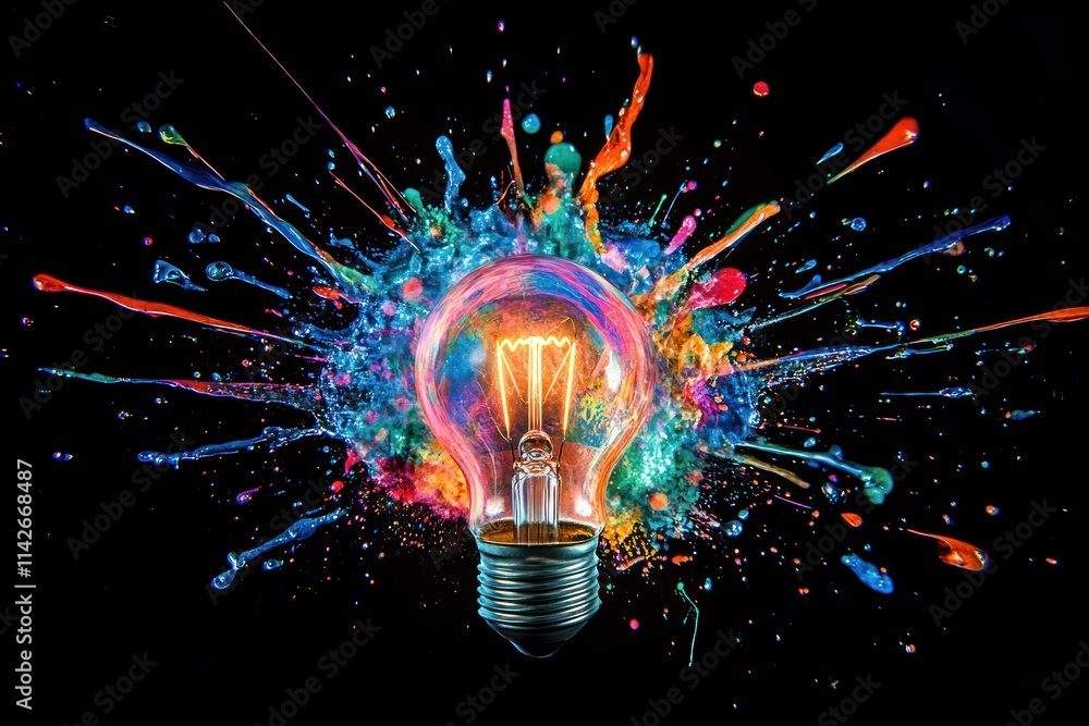 Leinwandbilder brilliant light bulb surrounded by vivid color splashes creating a dynamic and artistic display of c