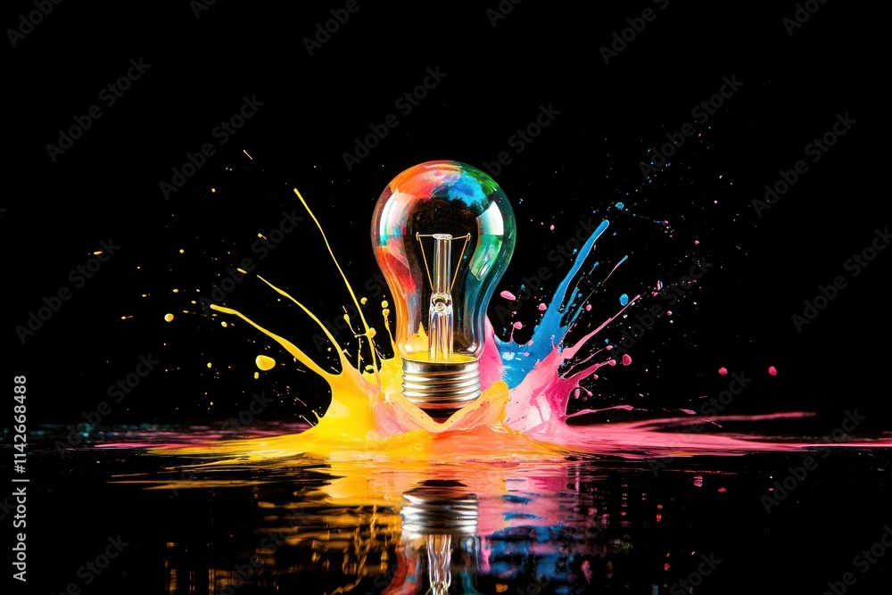 Aufkleber vibrant explosion of color surrounding a light bulb on a black background creating a captivating vis