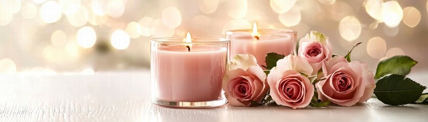 Pink Roses and Candles with Bokeh Background.
