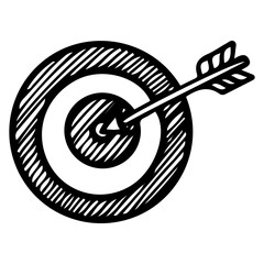 Arrow in the center of the target hand drawn doodle illustration. Symbol of success, victory. Hitting the target exactly. Vector line art.