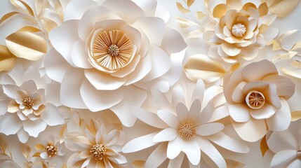 Close-up of delicate paper flowers in white and beige, creating a textured floral backdrop.