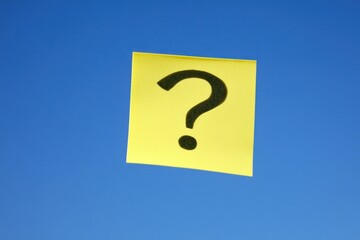Bright Yellow Sticky Note with a Question Mark Floating Against a Clear Blue Sky, Symbolizing Curiosity, Inquiry, and Seeking Answers in a Minimalist Style