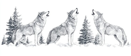 Fototapeta premium Three wolves howling in snowy forest.