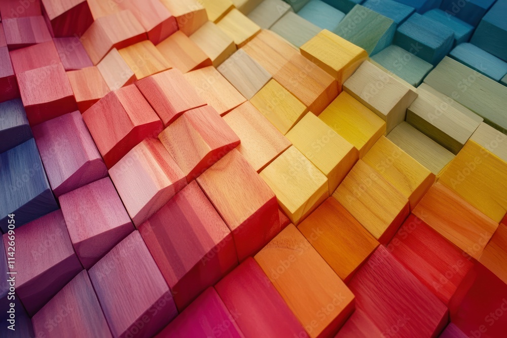 Poster vibrant abstract composition of stacked wooden blocks in vivid colors, creating a rainbow gradient e