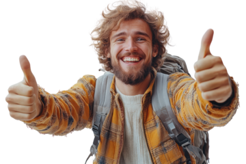 Happy traveler giving thumbs up, enjoying adventure and exploration, wearing a backpack and casual clothing, isolated on white background.