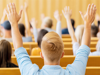 A group of people raising their hands in a bright conference room. The image conveys excitement, engagement, and active participation during an event.