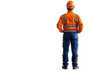 Male construction worker in safety gear, standing confidently with tools, isolated on a white background.