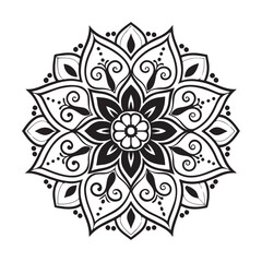 A vector silhouette image of a Mandala icon with a white beckground