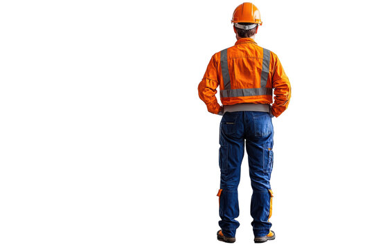 Male construction worker in safety gear, standing confidently with tools, isolated on a white background.