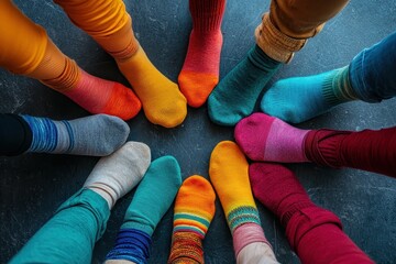 Christmas celebration colorful socks gathered in a circle cozy indoor setting vibrant viewpoint festive concept