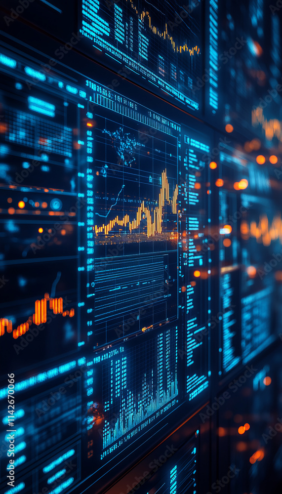 Poster futuristic financial data displayed on sleek screens with vibrant graphs