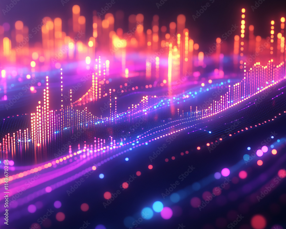 Poster Glowing data visualizations with vibrant colors and upward trends create dynamic atmosphere