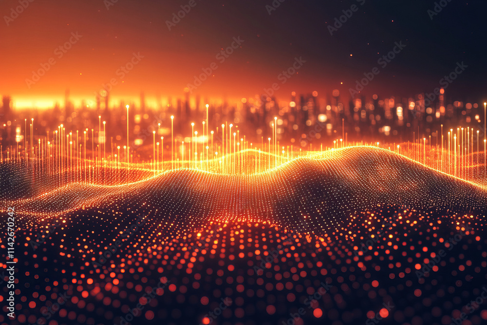 Poster glowing data visualizations with upward graphs symbolize growth and innovation