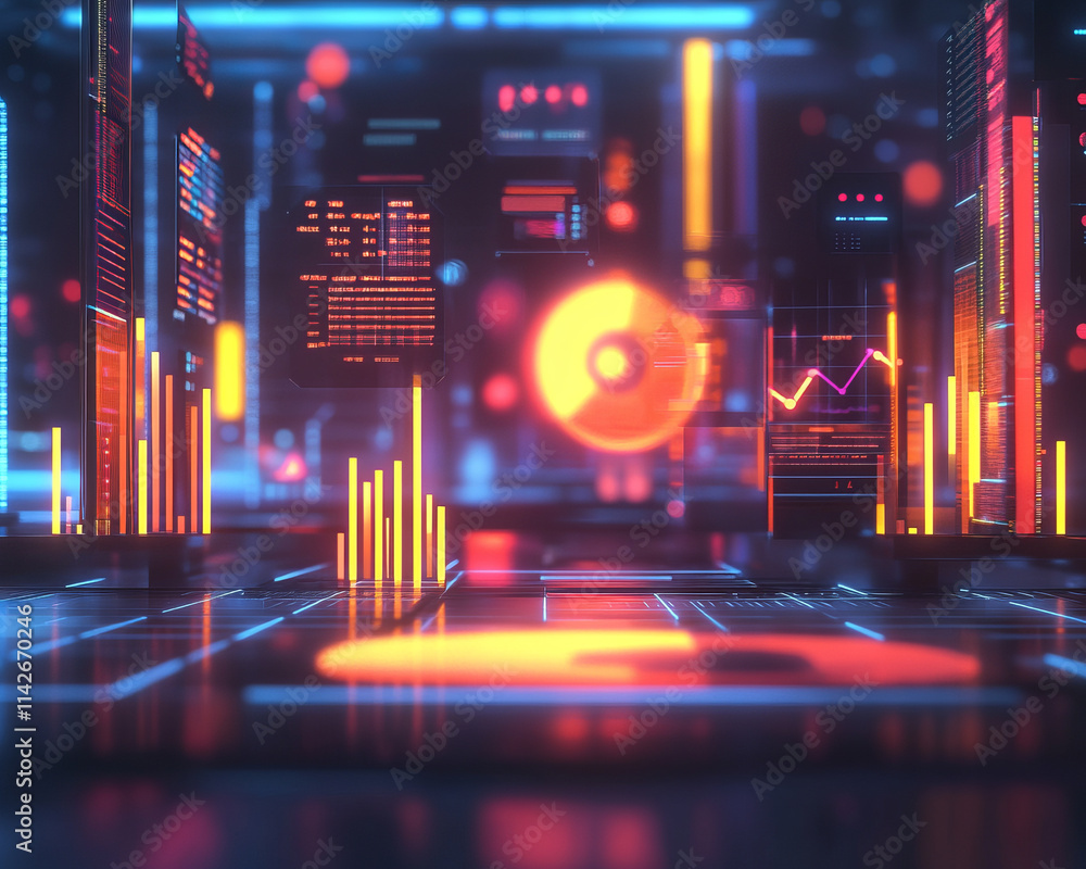 Poster glowing data visualizations and upward graphs in futuristic space