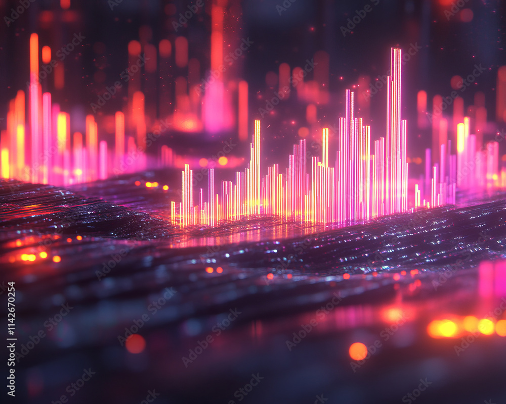 Poster glowing data visualizations with vibrant upward graphs symbolize growth and innovation