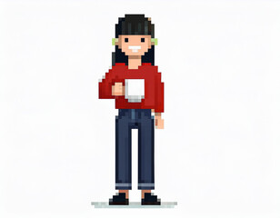 Naklejka premium Young Asian Woman Holding a Coffee Cup Pixel Art Style