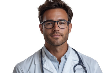Portrait of a confident doctor wearing glasses with a stethoscope around his neck, isolated on a white background.