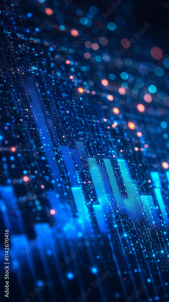 Poster dynamic blue data visualization with glowing elements and patterns