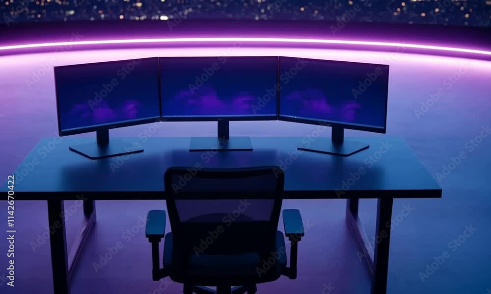 Poster sleek office setup with multiple monitors and a modern chair, ideal for productivity.