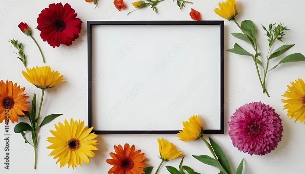 Fototapete festive flower composition on the white wooden background overhead view gold empty frame with bouque