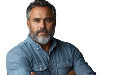 Portrait of a confident man with a beard and gray hair, wearing a blue shirt, against a white background.