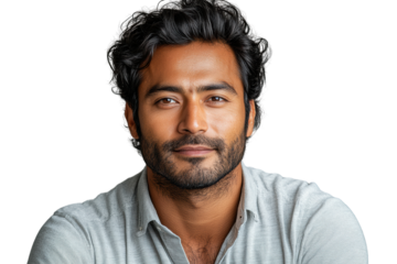 Portrait of a confident man with a friendly smile, wearing a casual grey shirt, with dark wavy hair and facial hair against a white background.