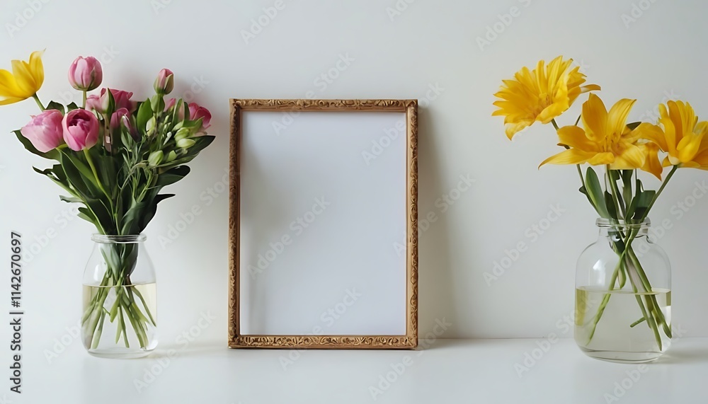 Fototapete festive flower composition on the white wooden background overhead view gold empty frame with bouque
