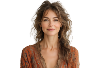 Portrait of a confident woman with wavy hair wearing a stylish garment, smiling softly, radiating warmth and approachability.