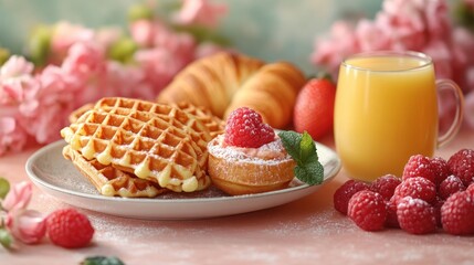 Breakfast scene with waffles, fruit, and juice.