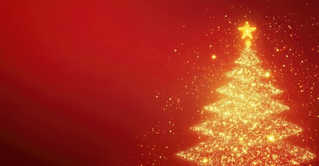 A red background featuring a golden Christmas tree with a star on top, surrounded by glowing particles and light spots in the air, creating a simple, high-end festive feel