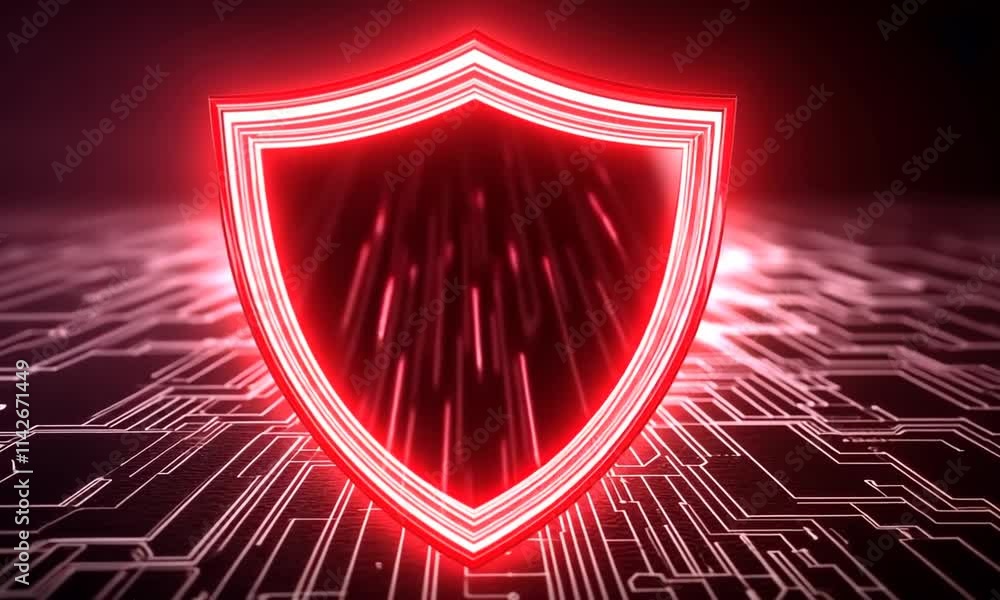Poster Futuristic shield symbol with glowing red lines and digital background, representing security.
