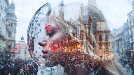 exposure of a woman with images of a public speaking event and crowds, illustrating the role of women in media as speakers and change-makers. [Women’s]:[voices in media] 