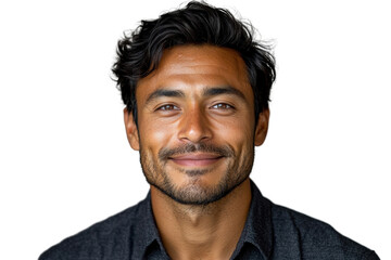 Obraz premium Portrait of a smiling man with curly hair, wearing a dark shirt, set against a white isolated background.