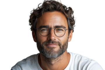 Portrait of a smiling man with glasses, showcasing confidence and approachability against a white isolated background.