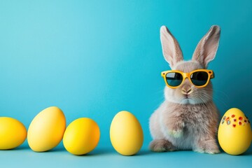Cute Rabbit Wearing Sunglasses with Yellow Easter Eggs on a Bright Blue Background, Perfect for Springtime Celebrations and Holiday Promotions