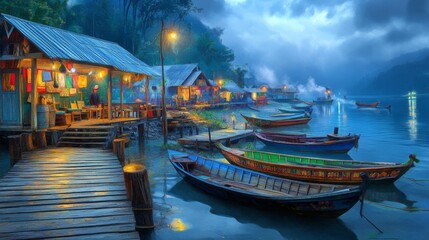 Obraz premium Wooden Boats Docked at Scenic Shoreline