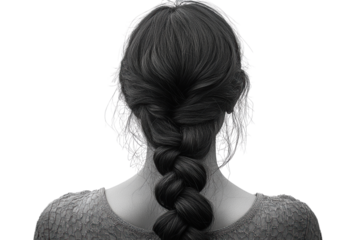 Rear view of a woman with a classic braid hairstyle, showcasing elegance and simplicity, perfect for fashion and beauty themes.