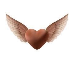 Obraz premium Mocha mousse heart icon with feathered wings, symbolizing love, freedom, and fantasy, perfect for romantic and whimsical themes isolated on a transparent background. 