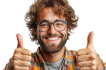 Smiling young man giving thumbs up, wearing glasses and plaid shirt, promoting positivity and happiness.