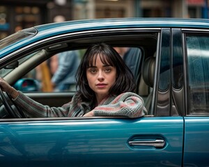 A woman in a car with short dark hair. She is driving, or at least in the driver's seat. The car is blue and parked in an urban area with buildings in the background.