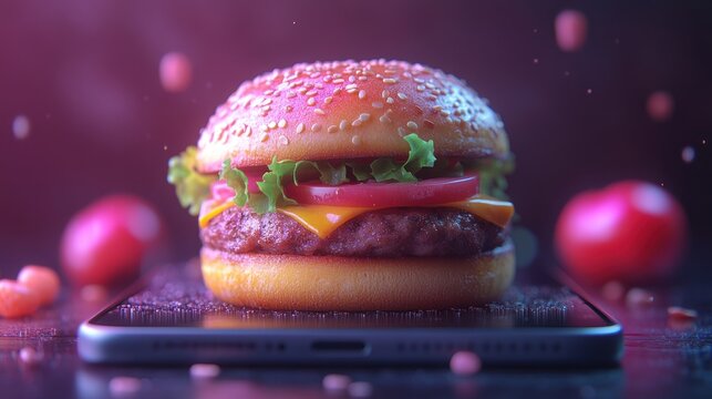 A vibrant burger on a smartphone screen.