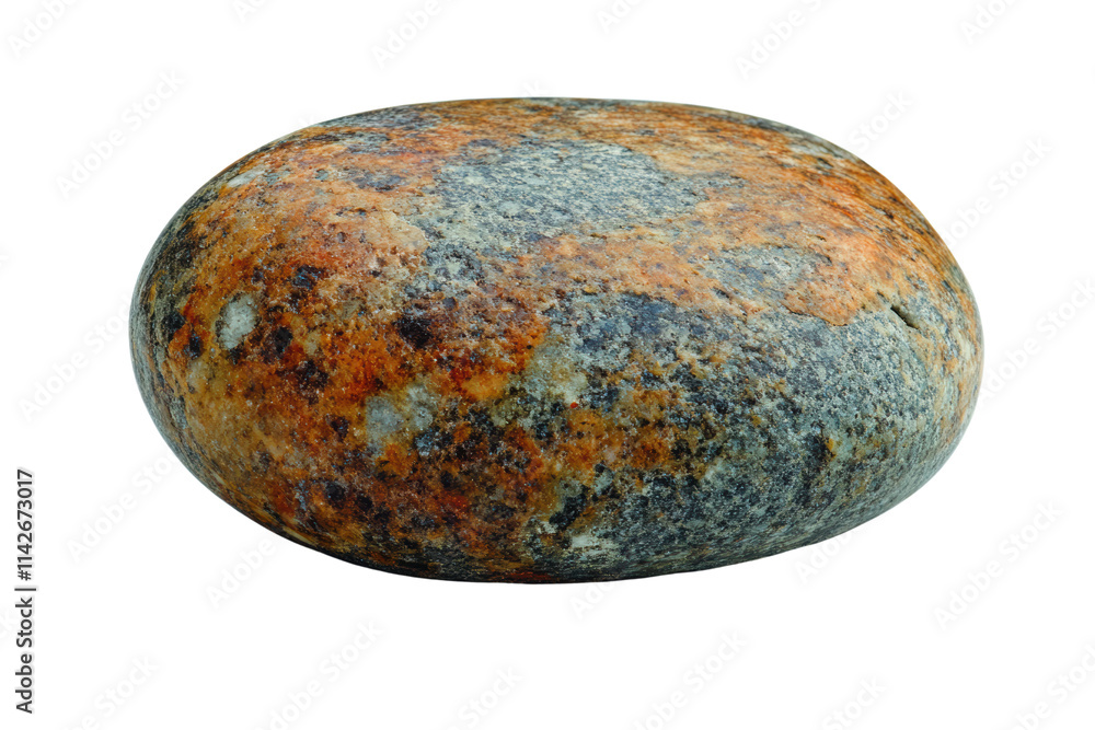 Poster smooth river stone with natural patterns and earthy colors, isolated on a white background.