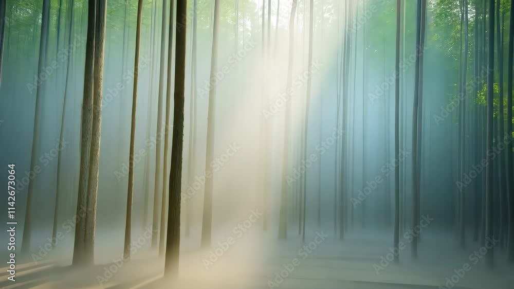 Poster A serene and peaceful forest scene with foggy trees and a tree in the foreground. The fog adds a sense of mystery and calmness to the scene, while the trees provide a sense of depth and tranquility