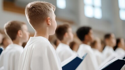 Fototapeta premium Young Boy in White Shirt Standing Confidently Before a Choir Evoking Emotion and Harmony in a Vibrant Musical Performance Setting Filled with Joy