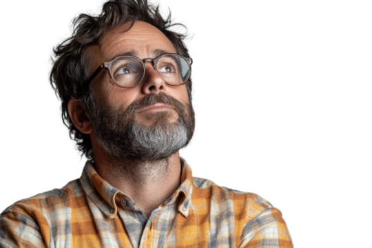 Thoughtful man with glasses gazing upward, casual attire with plaid shirt, isolated on white background.