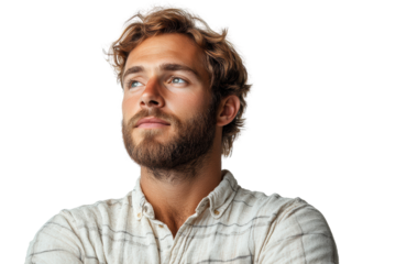 Thoughtful young man with a beard gazes into the distance, exuding confidence and contemplation against a white background.