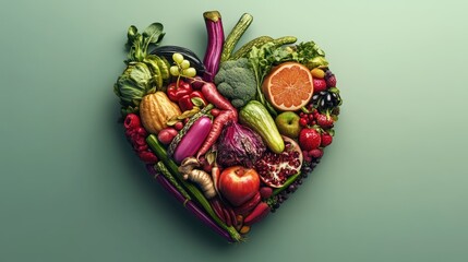 Naklejka premium A heart-shaped arrangement of various colorful fruits and vegetables promoting healthy eating.