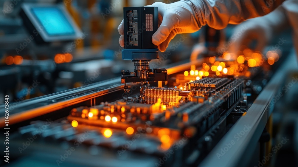 Poster gloved hand using equipment to inspect illuminated circuit board on automated assembly line.