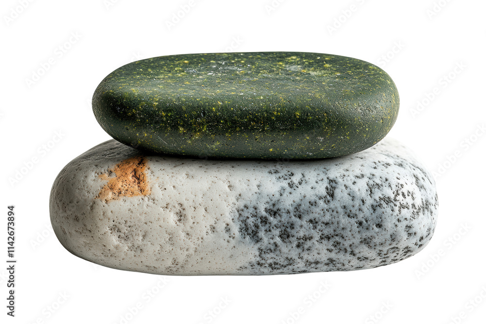 Aufkleber Three smooth and colorful stones stacked artfully on a white isolated background, showcasing unique patterns and natural textures.